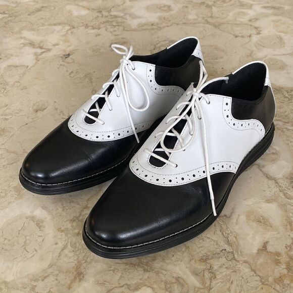 Cole Haan Grand OS Black & White Leather Saddle Golf Shoes - Picture 2 of 13